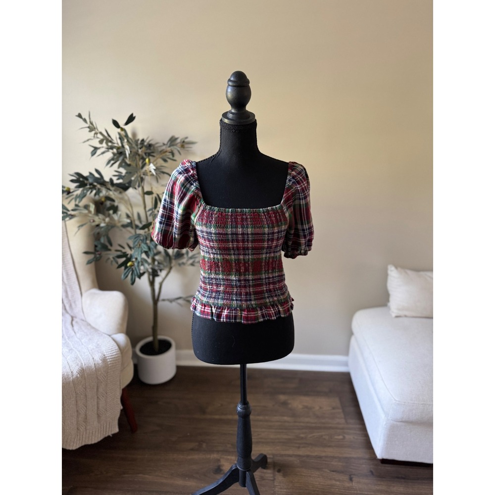 American Eagle Red Green Plaid Smocked Puff Sleeve Top Square Neck Small